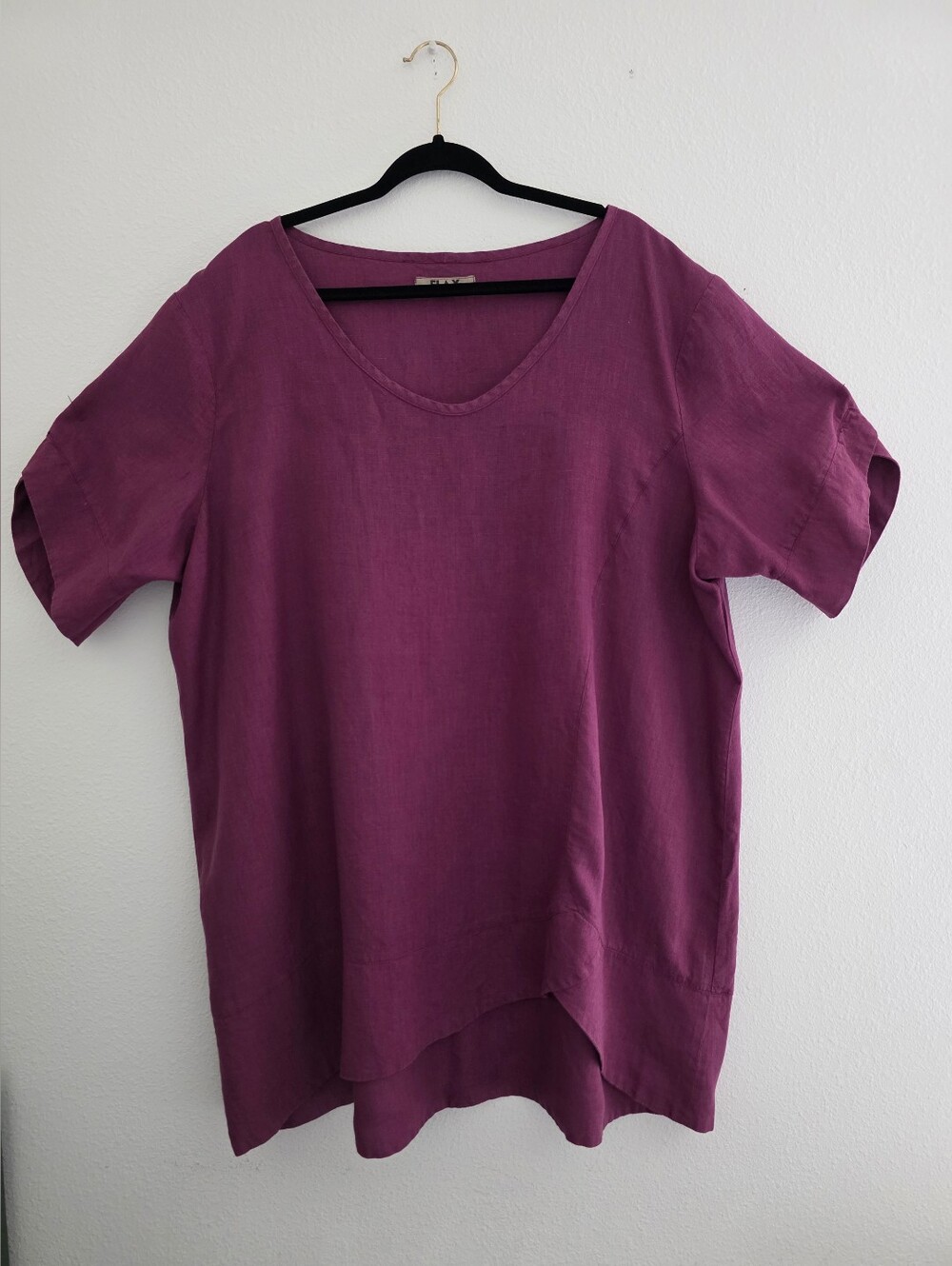 FLAX Brand Sangria/Purple Linen Top W/ Draped Lagenlook Hem Bold Tunic Size 2G